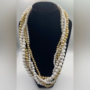 Multi Strand White & Gold Beaded Necklace 5 String